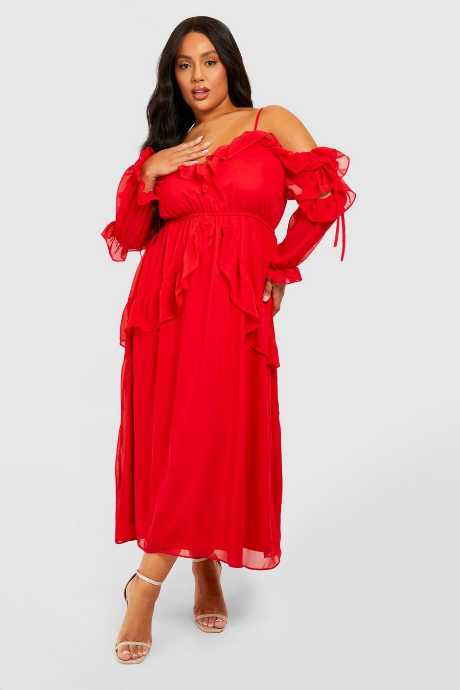 Red Plus Chiffon Cold Shoulder Ruffle Skater Dress image number 1