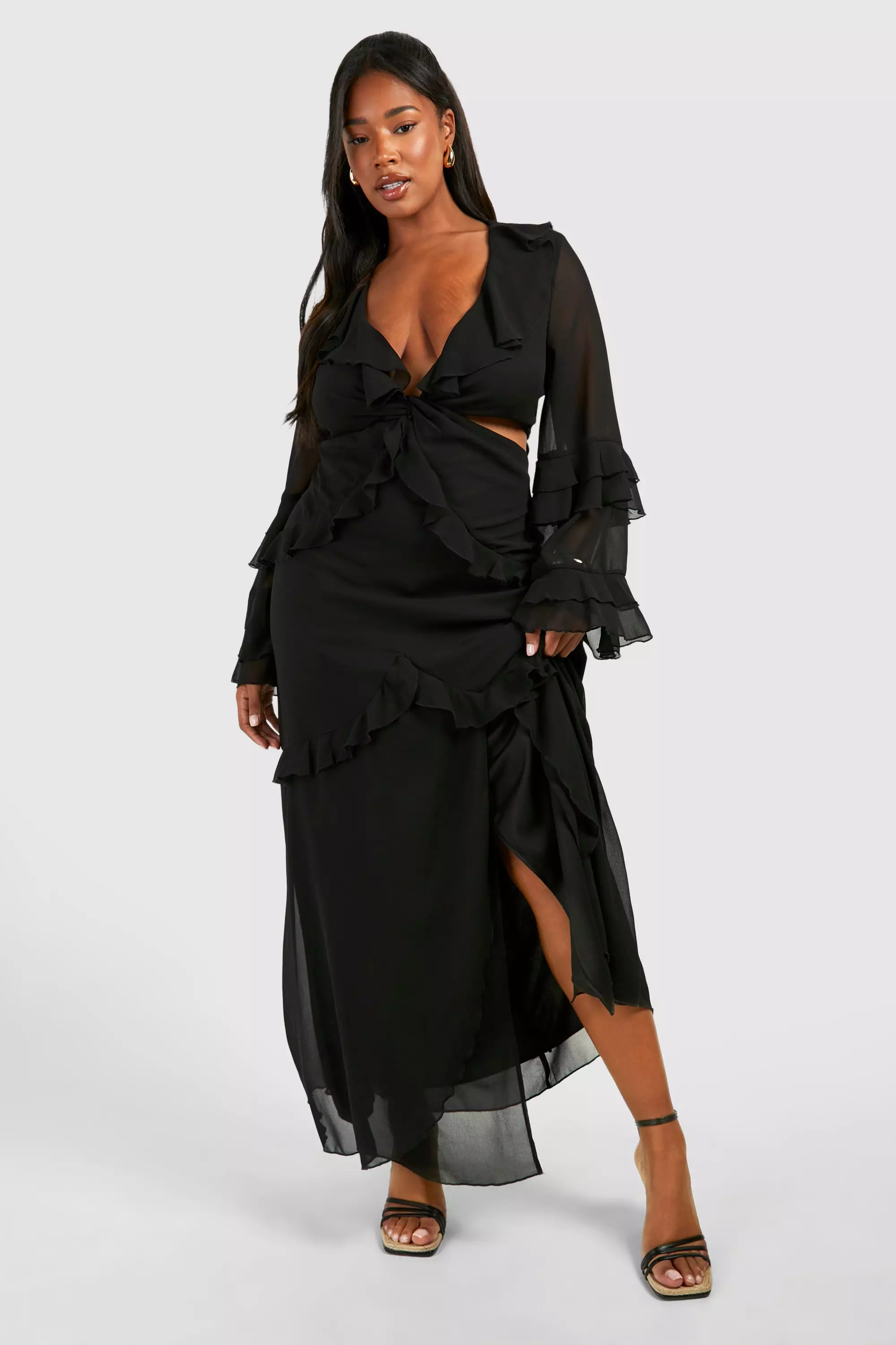 Black Plus Chiffon Ruffle Twist Front Split Maxi Dress alternative image