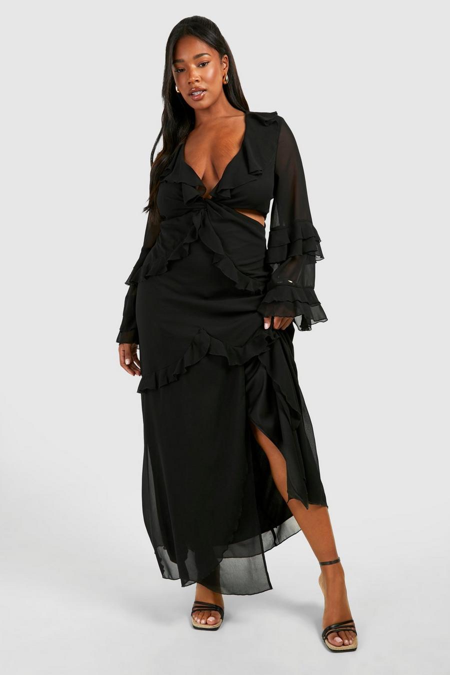 Black Plus Chiffon Ruffle Twist Front Split Maxi Dress image number 1