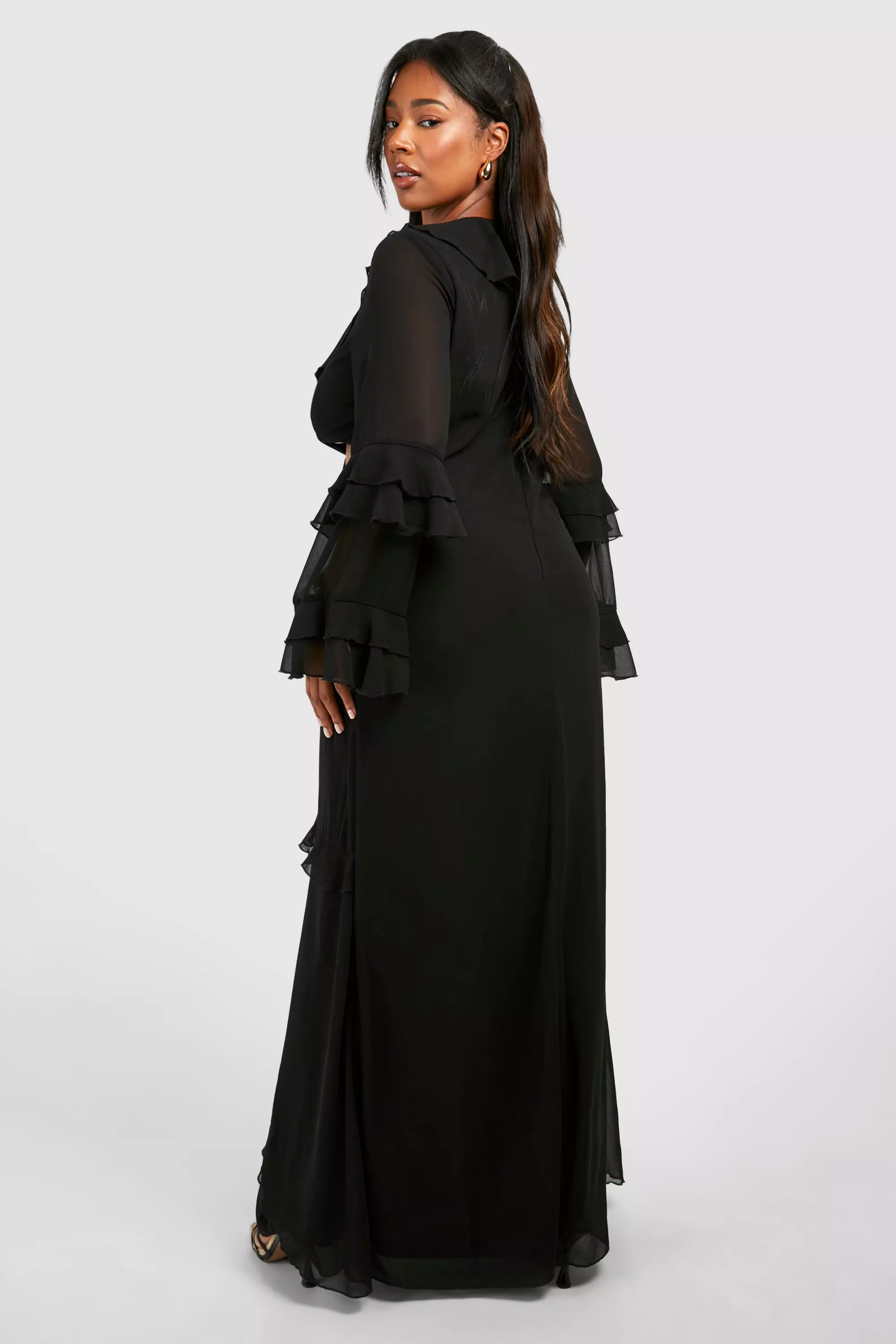 Black Plus Chiffon Ruffle Twist Front Split Maxi Dress alternative image