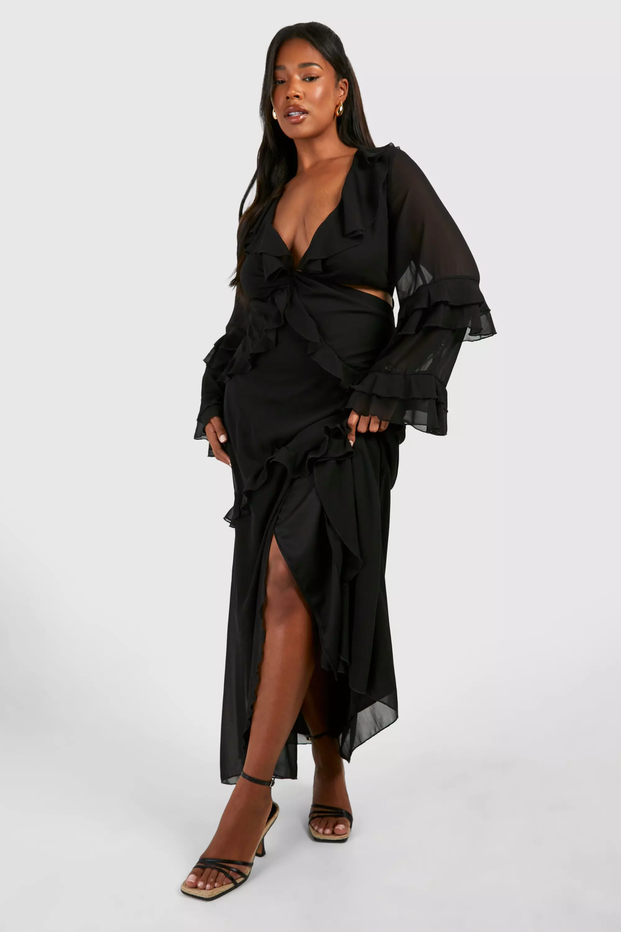 Black Plus Chiffon Ruffle Twist Front Split Maxi Dress alternative image