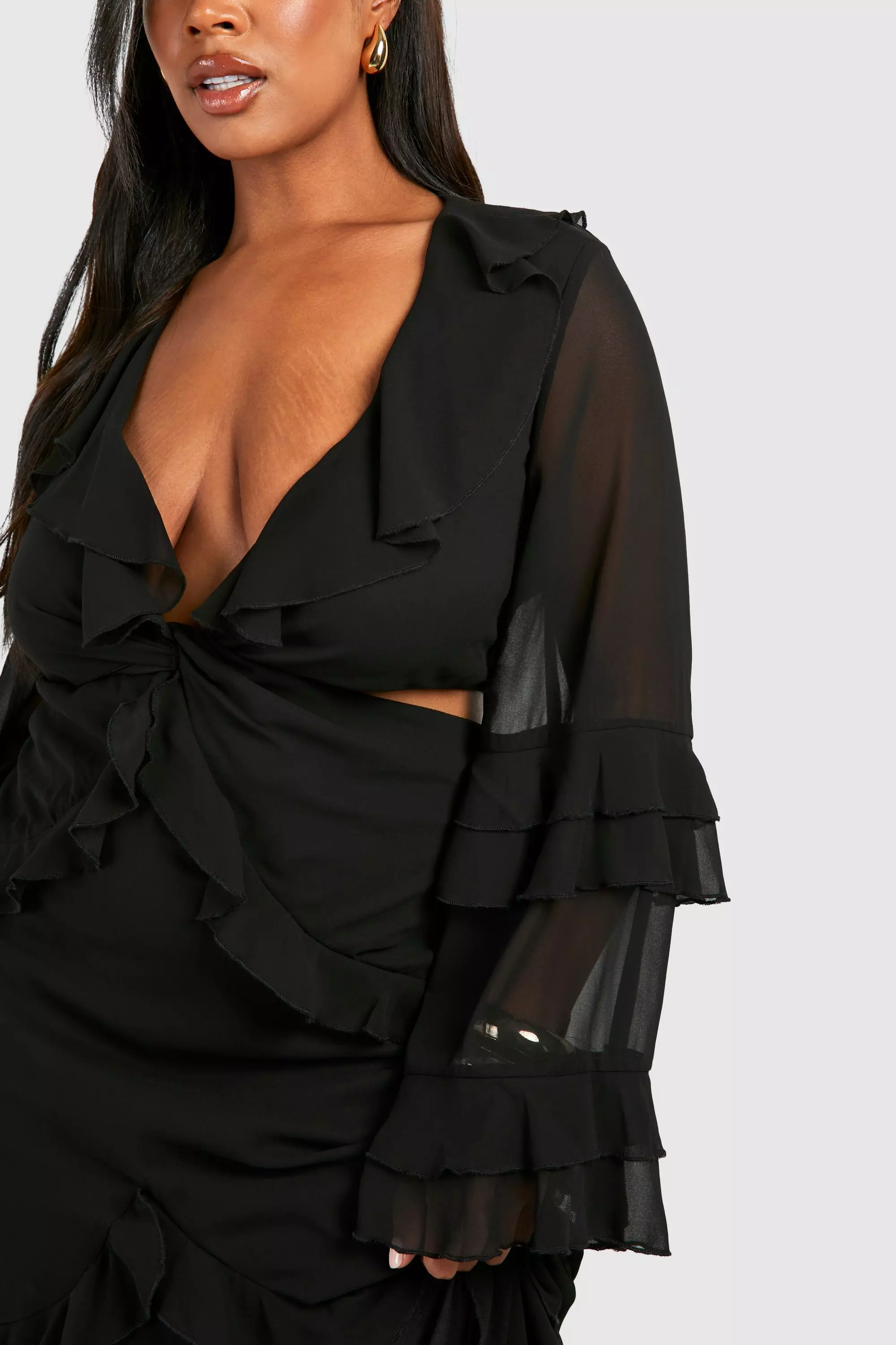 Black Plus Chiffon Ruffle Twist Front Split Maxi Dress alternative image
