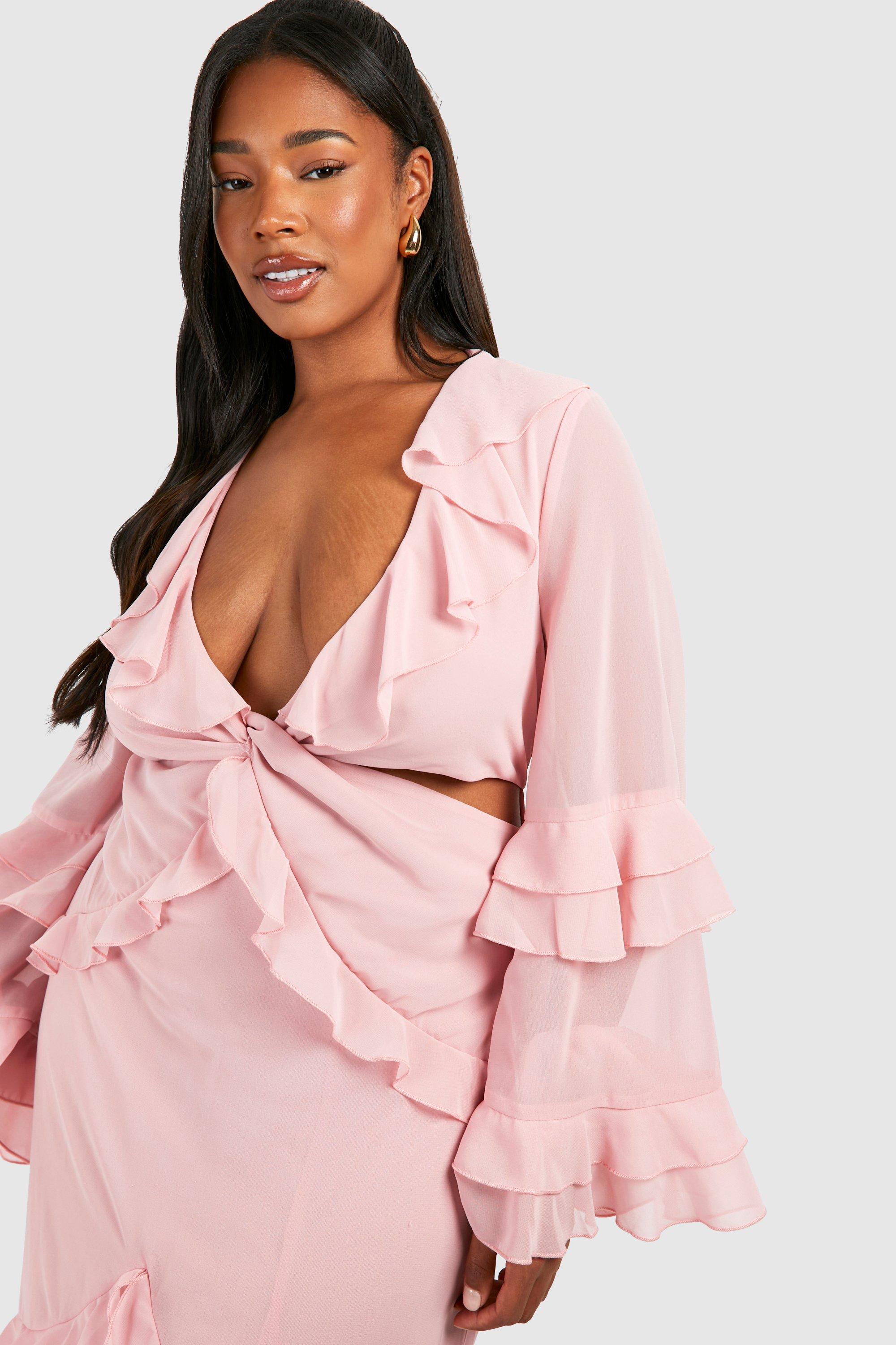 PINK RUFFLE DRESS WITH FRONT SLIT