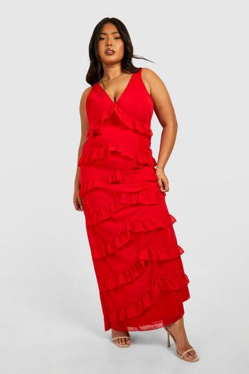 Plus Woven Ruffle Maxi Dress red