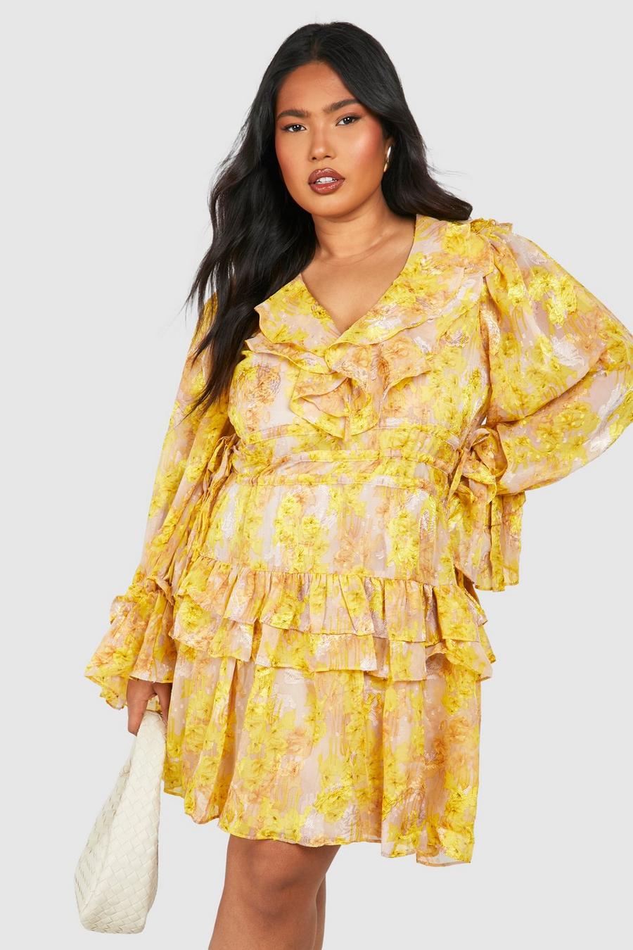 Yellow Plus Floral Chiffon Ruffle Layer Skater Dress image number 1