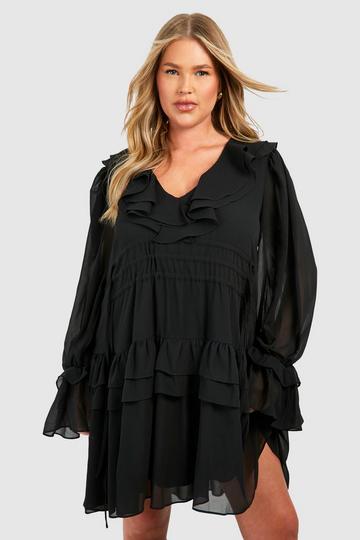 Black Plus Chiffon Ruffle Layer Skater Dress