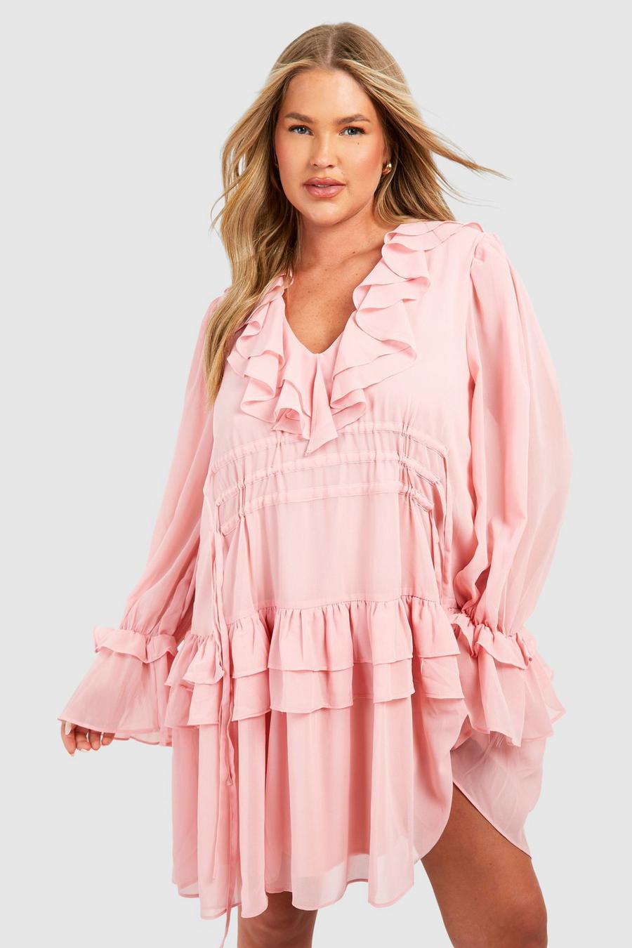 Blush pink Plus Chiffon Ruffle Layer Skater Dress