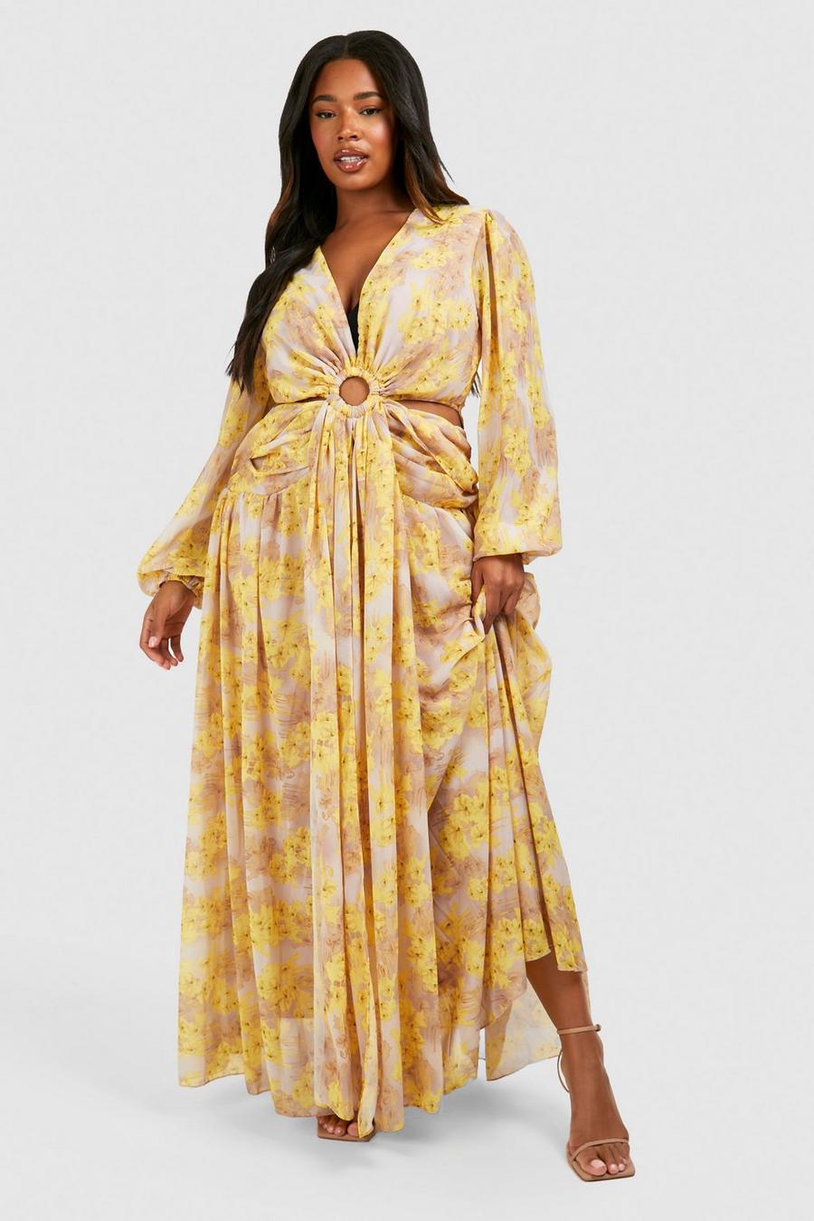 Yellow Plus Floral Print Chiffon Cut Out Maxi Dress Comme image number 1