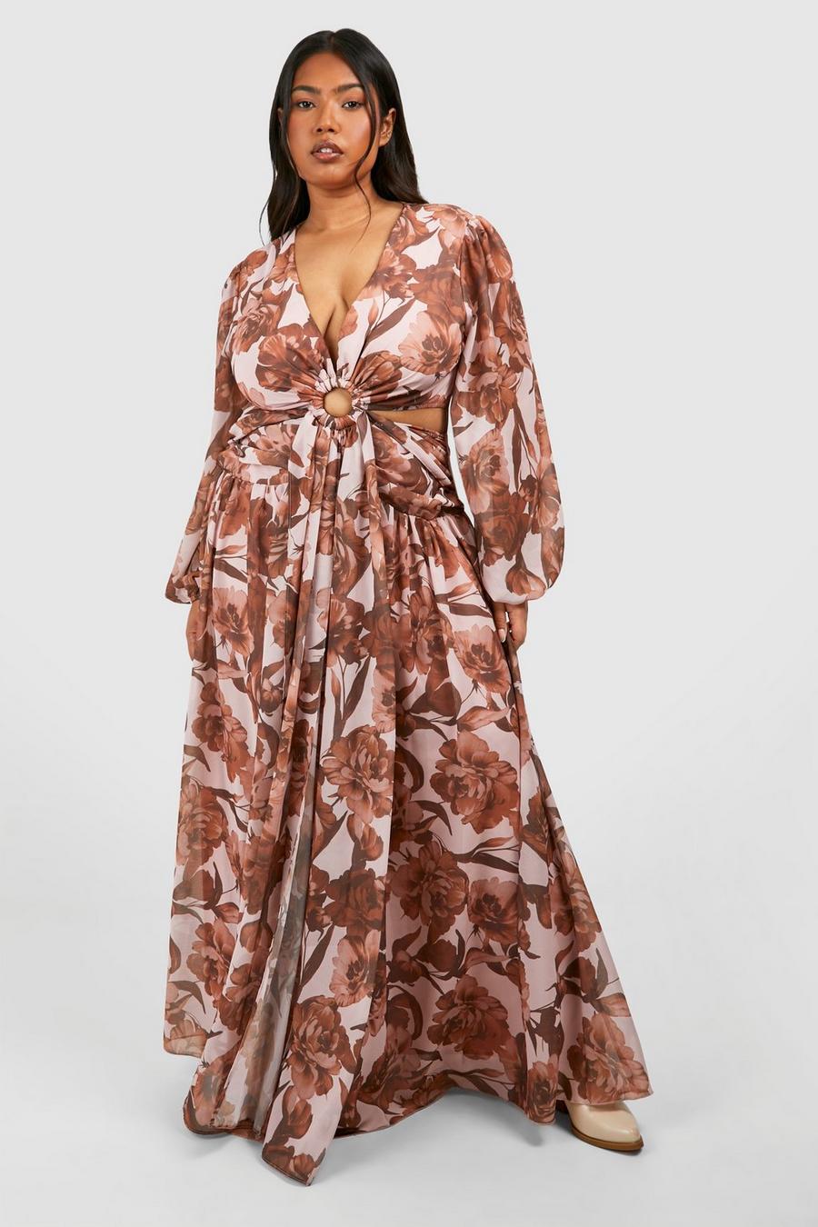 Brown Plus Floral Print Chiffon Cut Out Maxi Dress