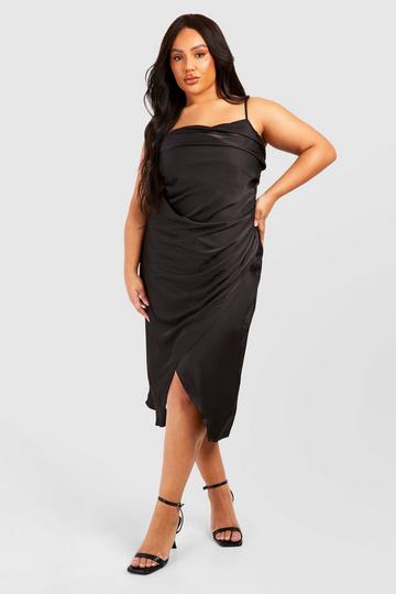 Plus Satin Drape Front Midi Slip Dress black