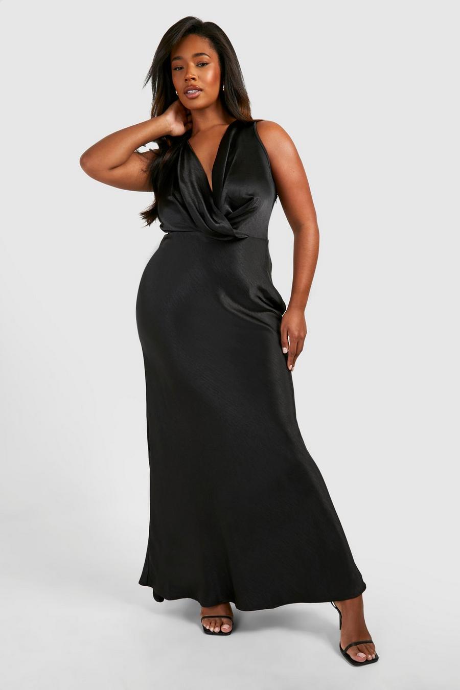 Black Plus Bridesmaid Satin Cowl Wrap Front Maxi Dress image number 1