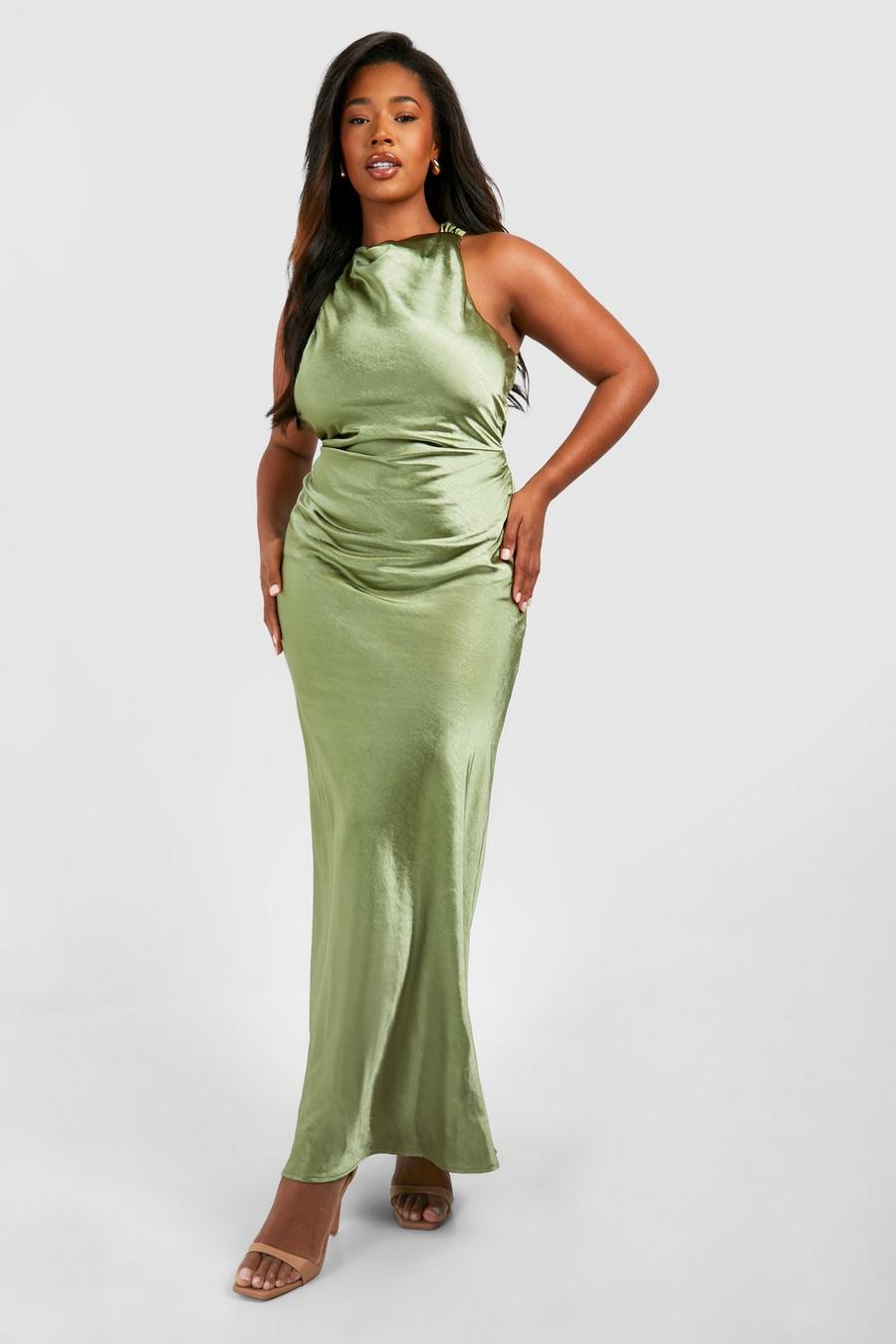Olive Bridesmaid Satin Blouson Sleeve Maxi Dress