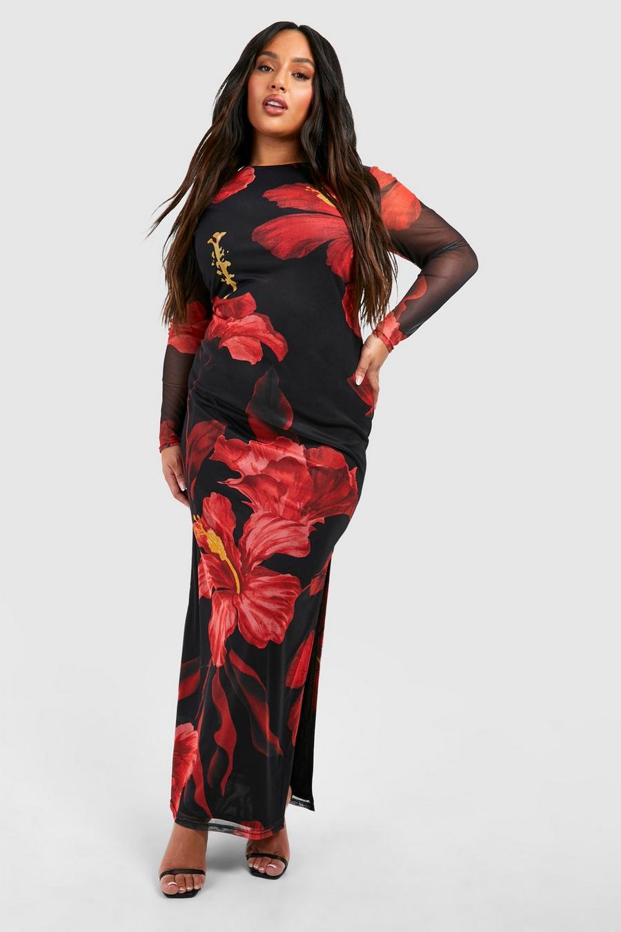 Black Plus Floral Mesh Long Sleeve Maxi Dress image number 1