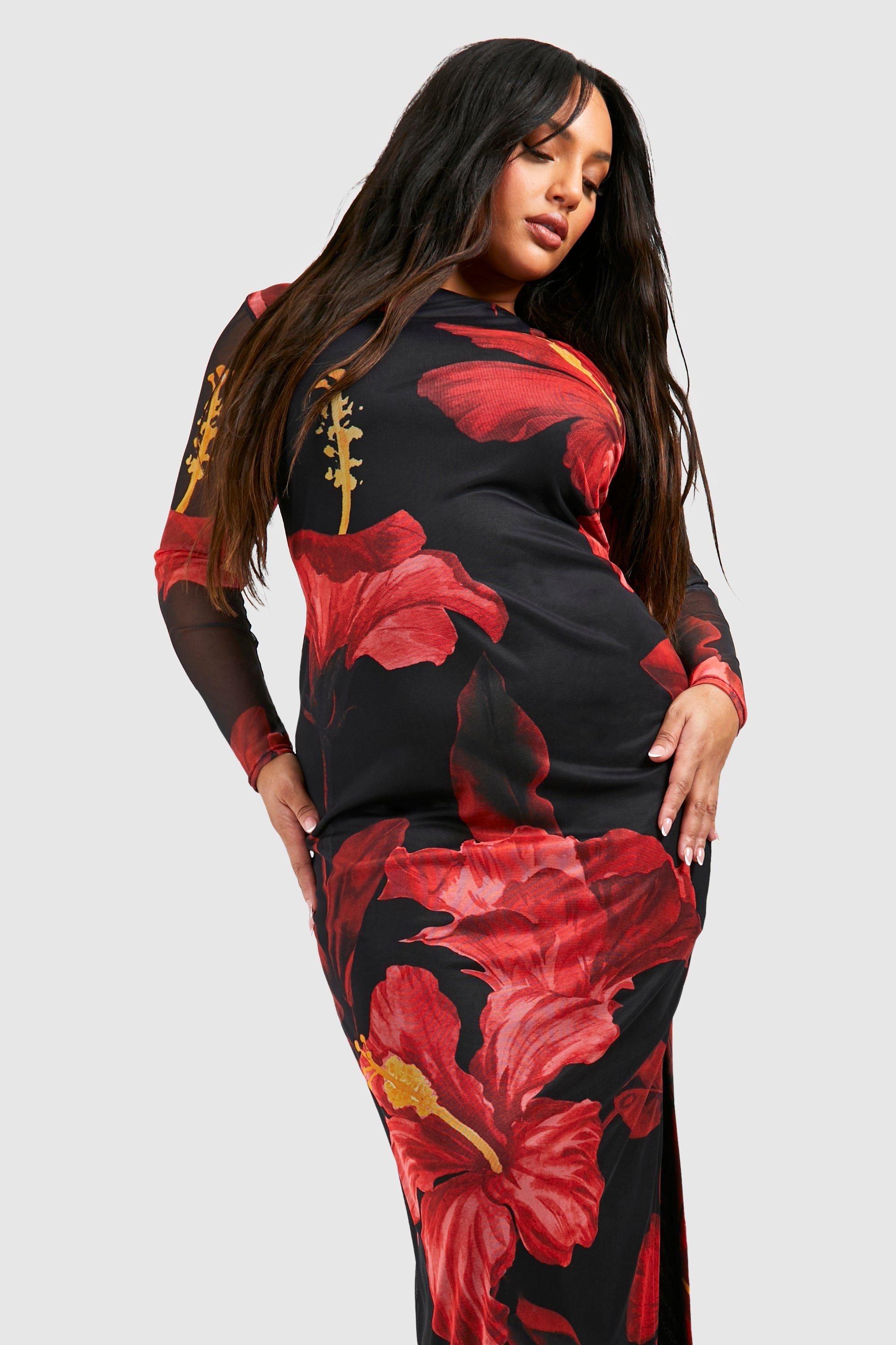 Women's Plus Floral Mesh Long Sleeve Maxi Dress