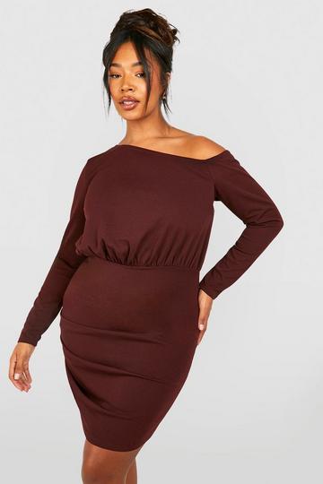 Chocolate Brown Plus Ruched Off Shoulder Bodycon Dress