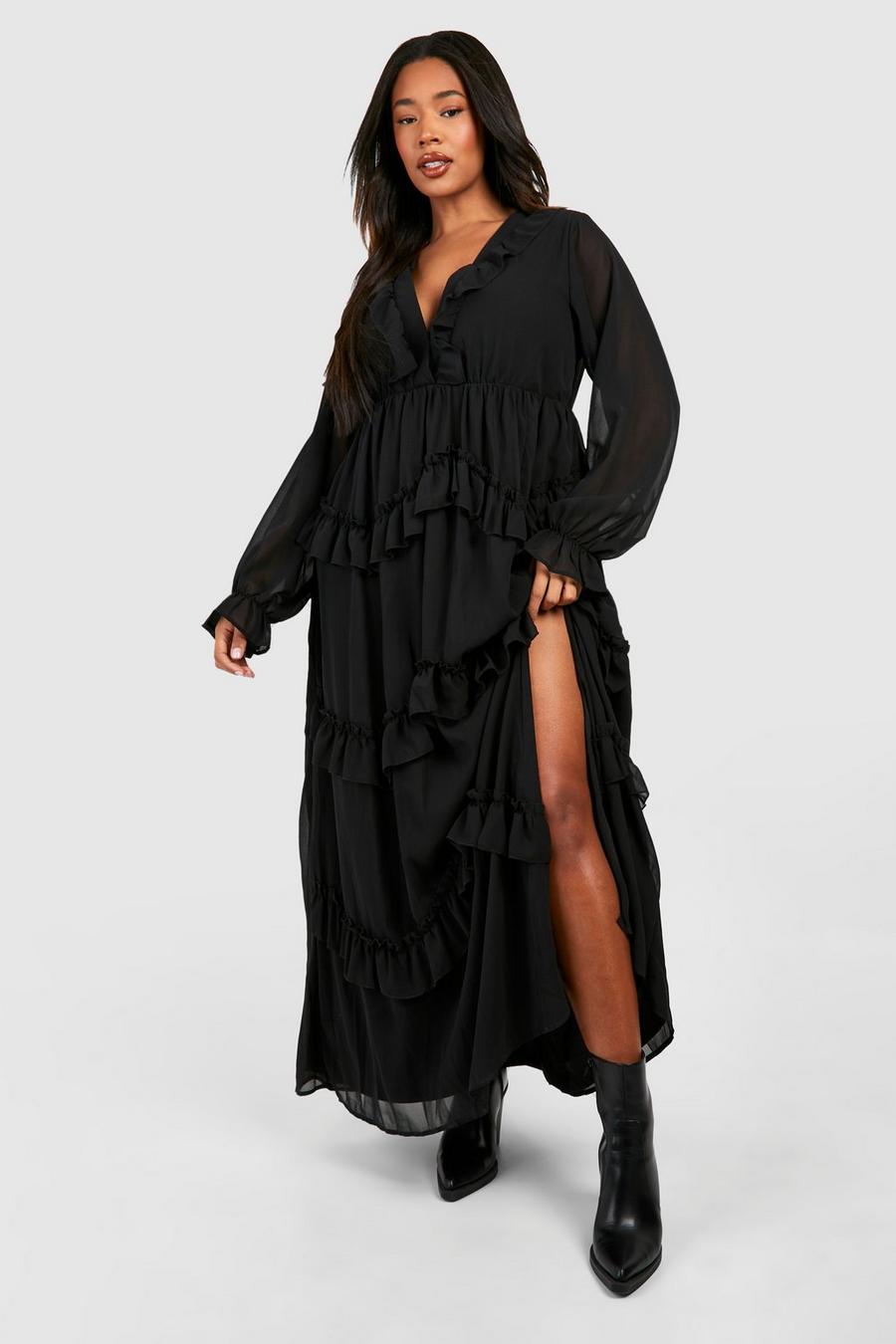 Vestito maxi Plus Size con scollo profondo e arricciature, Black