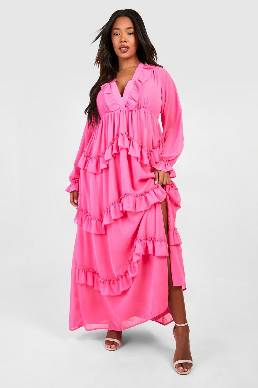 Hot pink Plus Långklänning med volanger och låg urringning image number 1