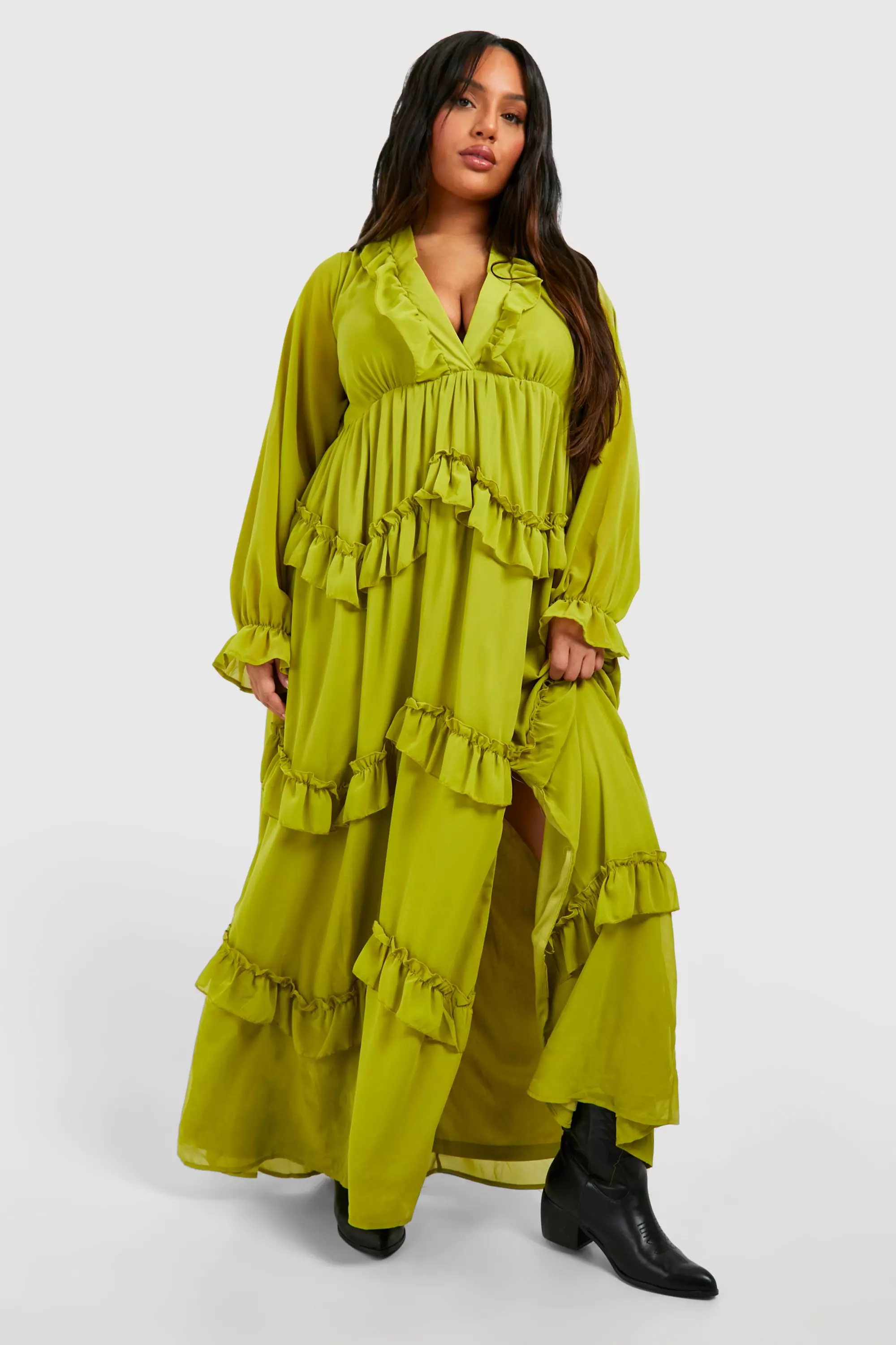 Plus Frill Plunge Ruffle Maxi Dress