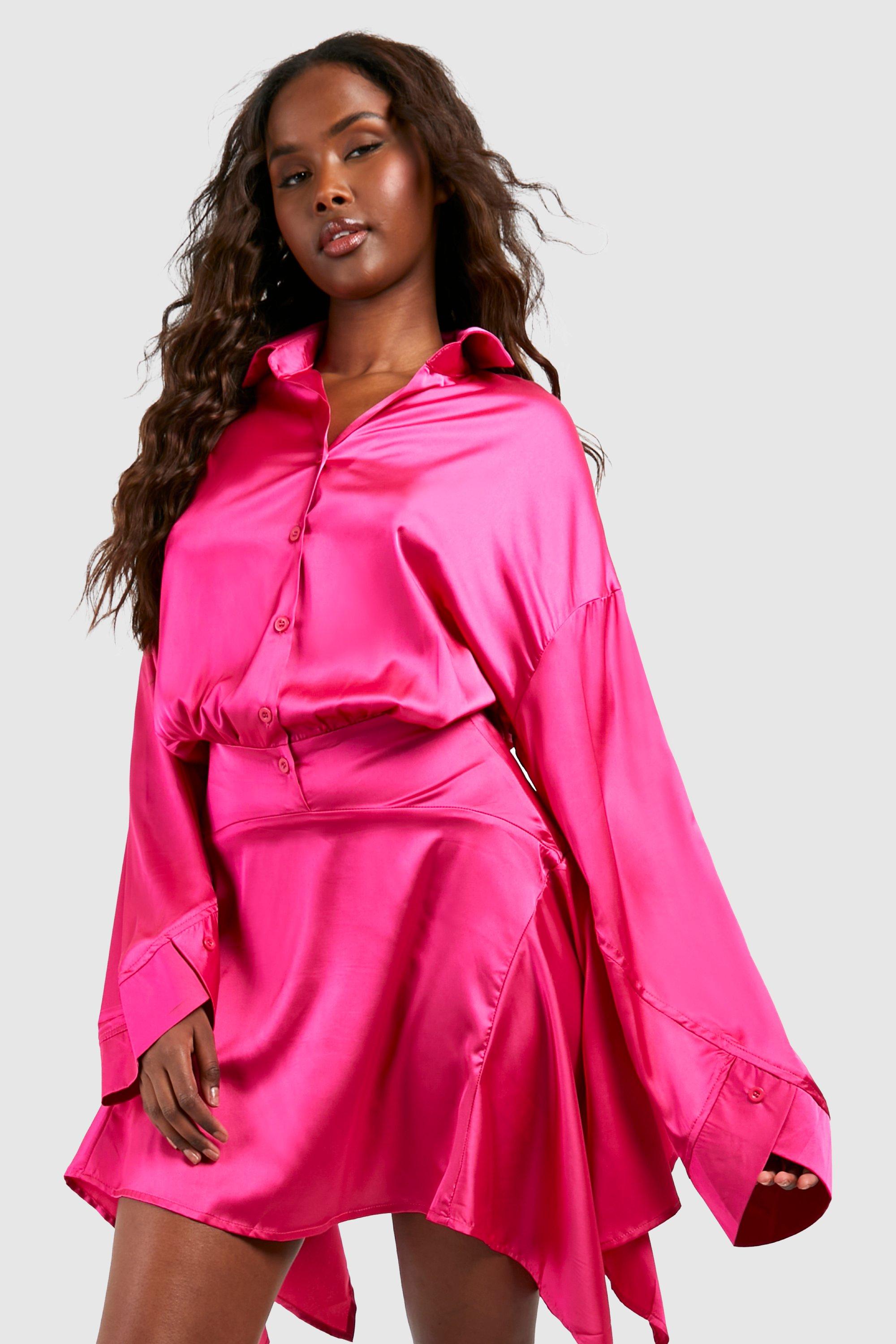 Pink satin shirt dress best sale