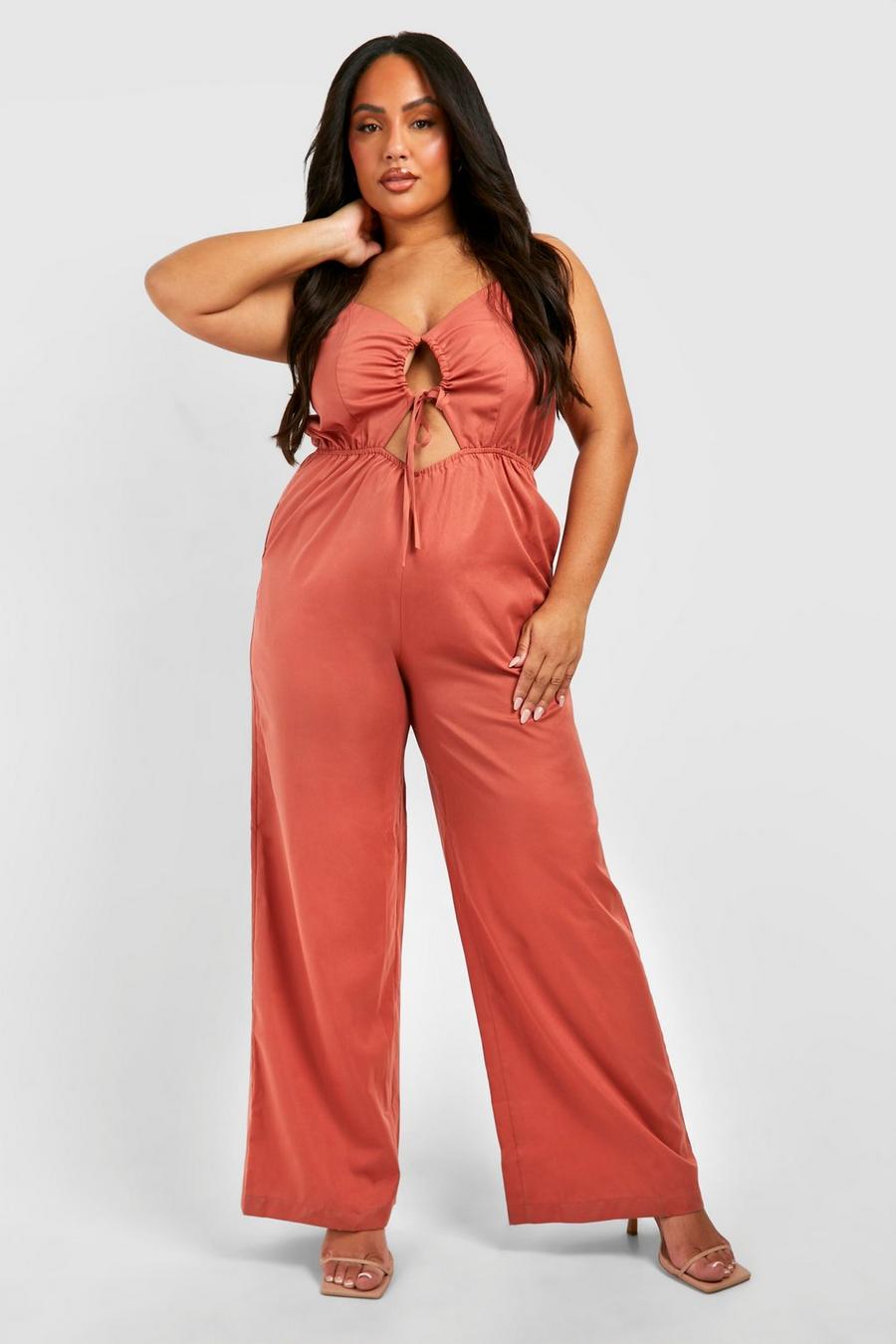 Terracotta Plus Geweven Wide Leg Jumpsuit Met Strik