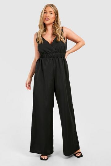 Black Plus Woven Wrap Over Wide Leg Jumpsuit