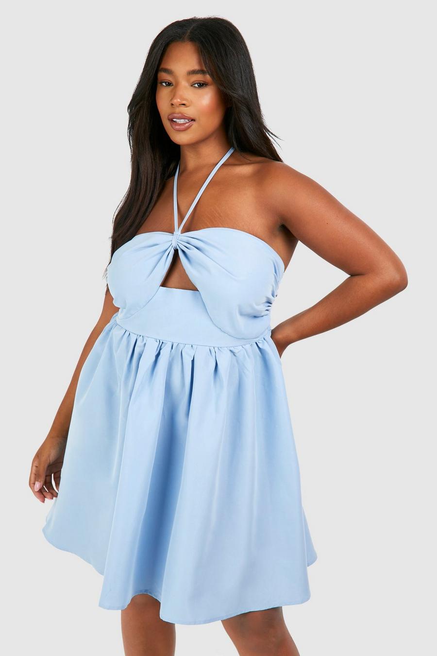 Baby blue Plus Woven Tie Neck Skater Dress image number 1