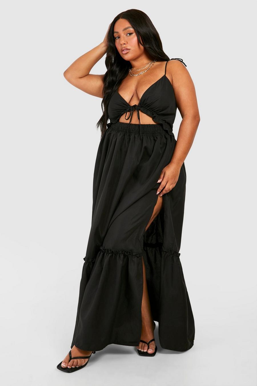 Black Plus Woven Tie Front Tiered Smock Maxi Dress image number 1
