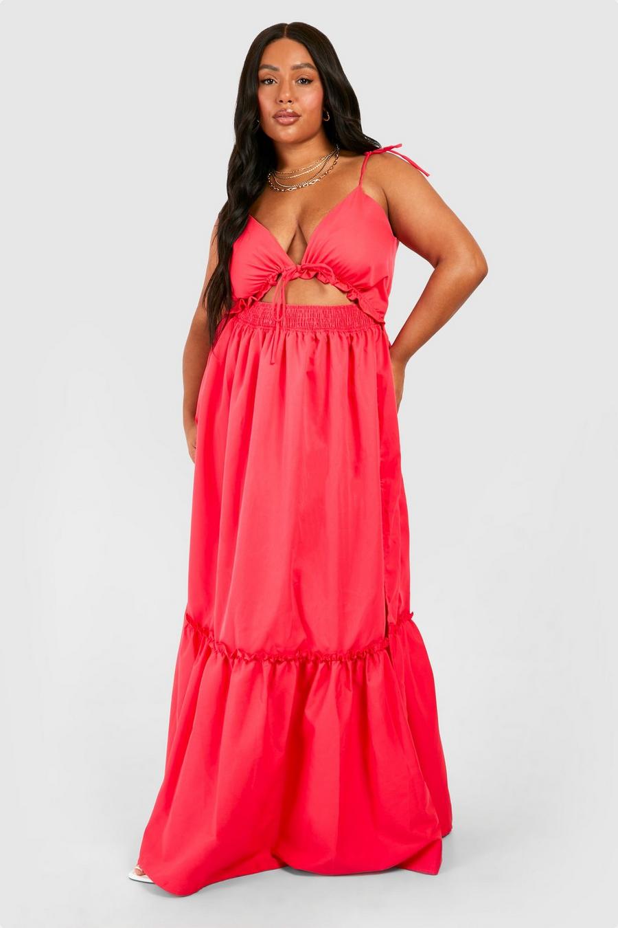 Hot pink Plus Woven Tie Front Tiered Smock Maxi Dress image number 1
