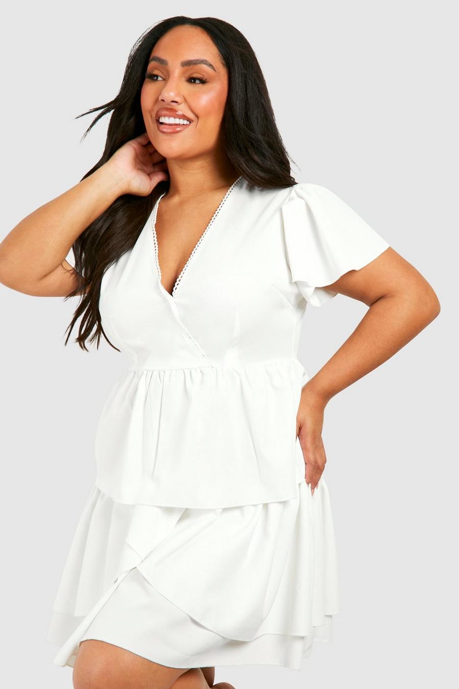 White Plus Woven Textured Ruffle Skater Dress image number 1