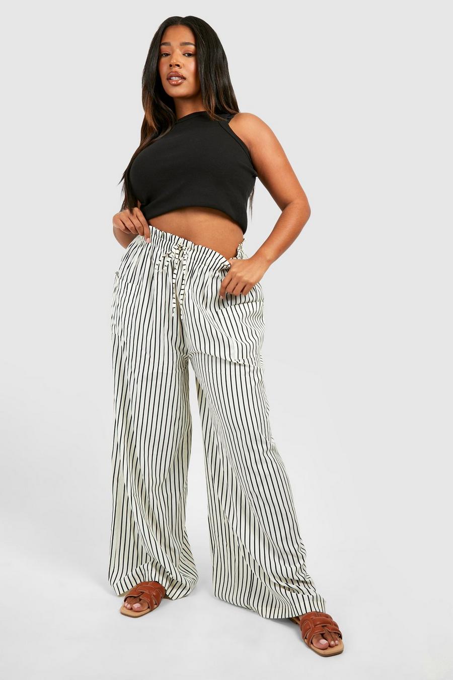 Black Plus Stripe Woven Elasticated Wide Leg Cropped-Jeans Trouser  image number 1