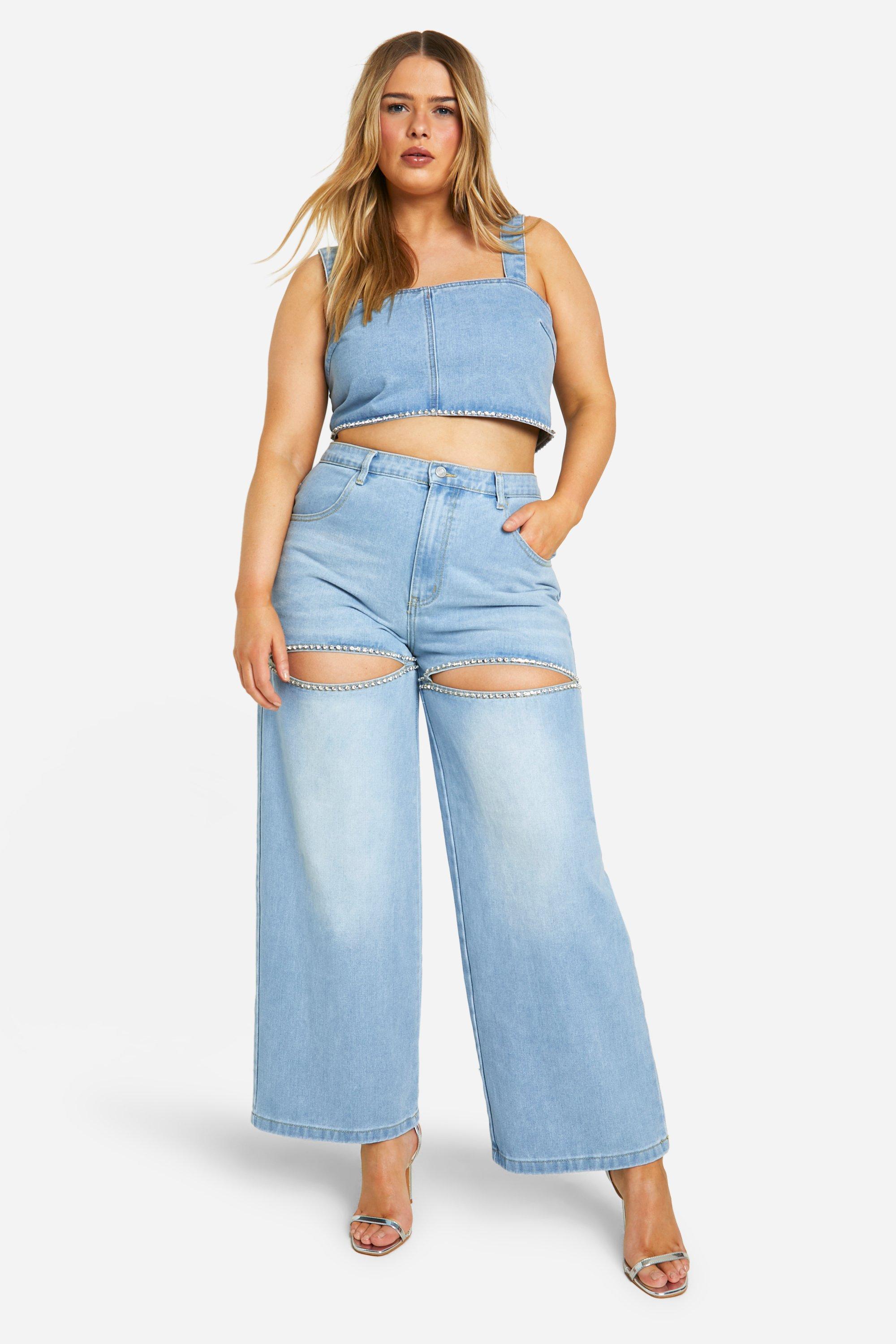 Plus Diamante Trim Denim Top