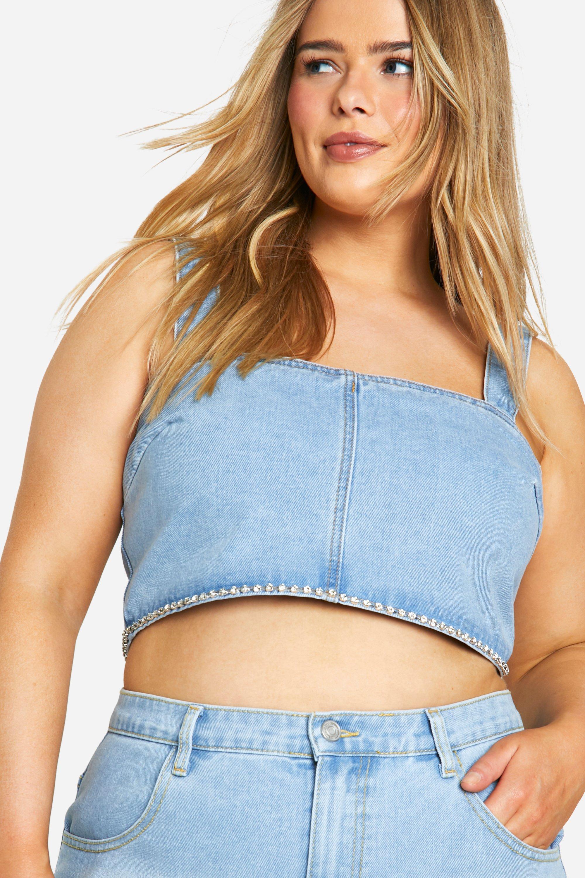 Plus Diamante Trim Denim Top