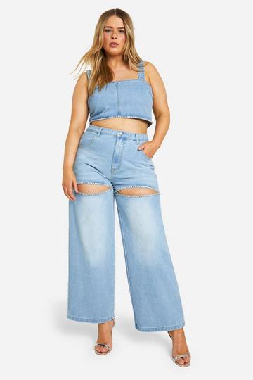 Plus Diamante Trim Cut Out Detail Jeans light blue