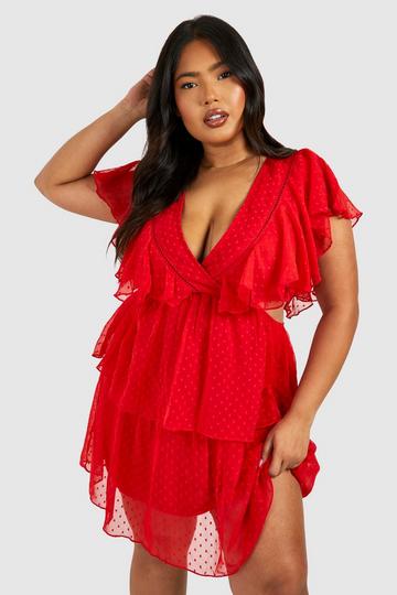 Red Plus Dobby Ruffle Skater Dress