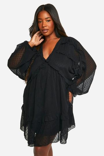 Black Plus Dobby Ruffle Smock Dress