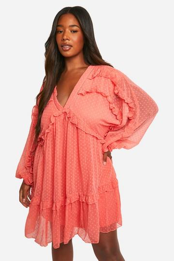 Plus Dobby Ruffle Smock Dress burnt orange