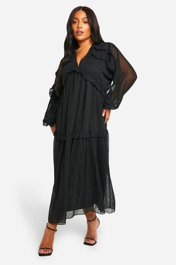 Plus Dobby Ruffle Smock Midi Dress black