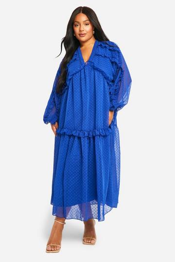 Plus Dobby Ruffle Smock Midi Dress cobalt