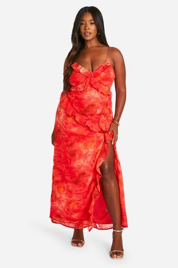 Plus Printed Ruffle Strappy Maxi Dress red