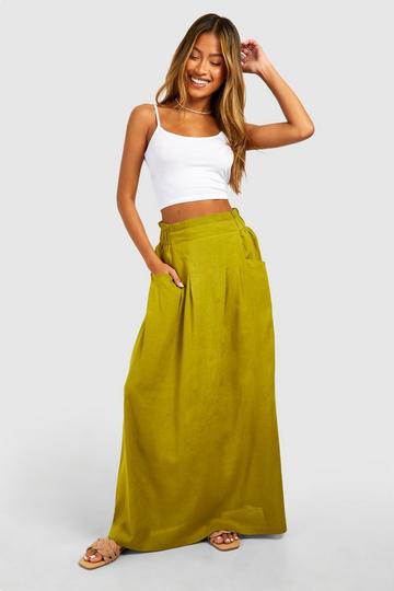 Linen Tie Maxi Skirt khaki