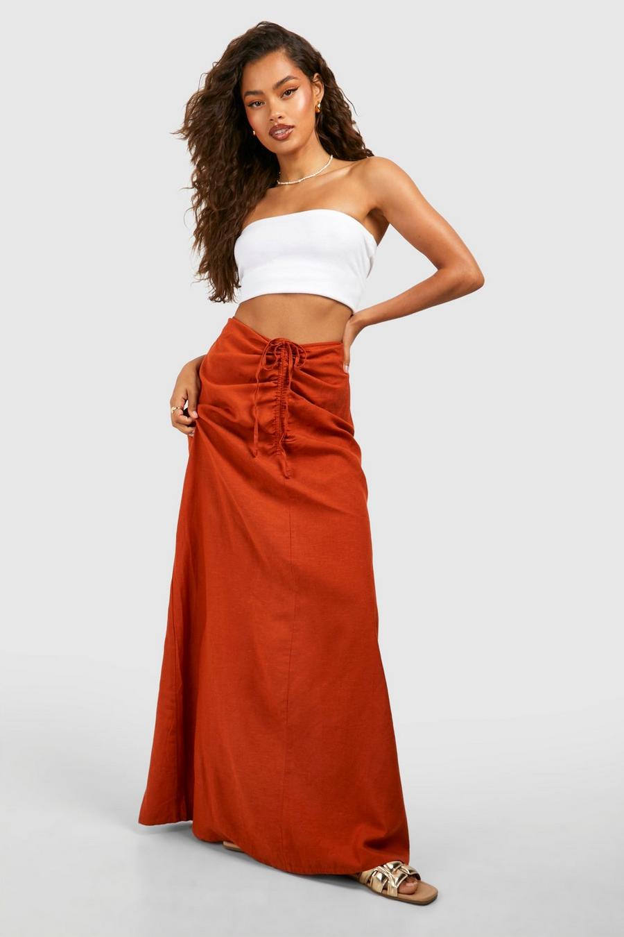 Rust Ruched Detail Midi Skirt image number 1