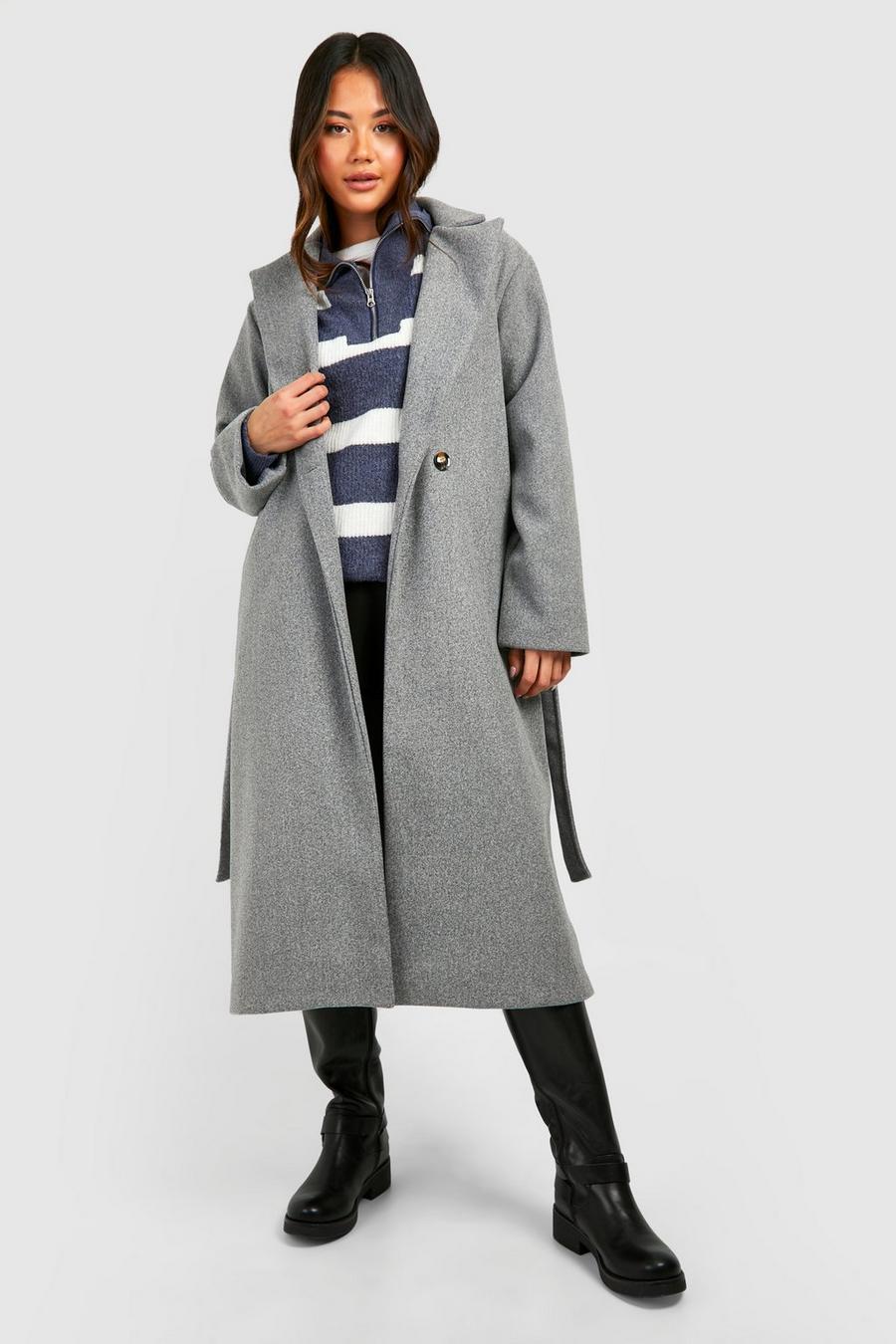 Abrigo efecto lana con cinturón y hombreras, Grey marl image number 1