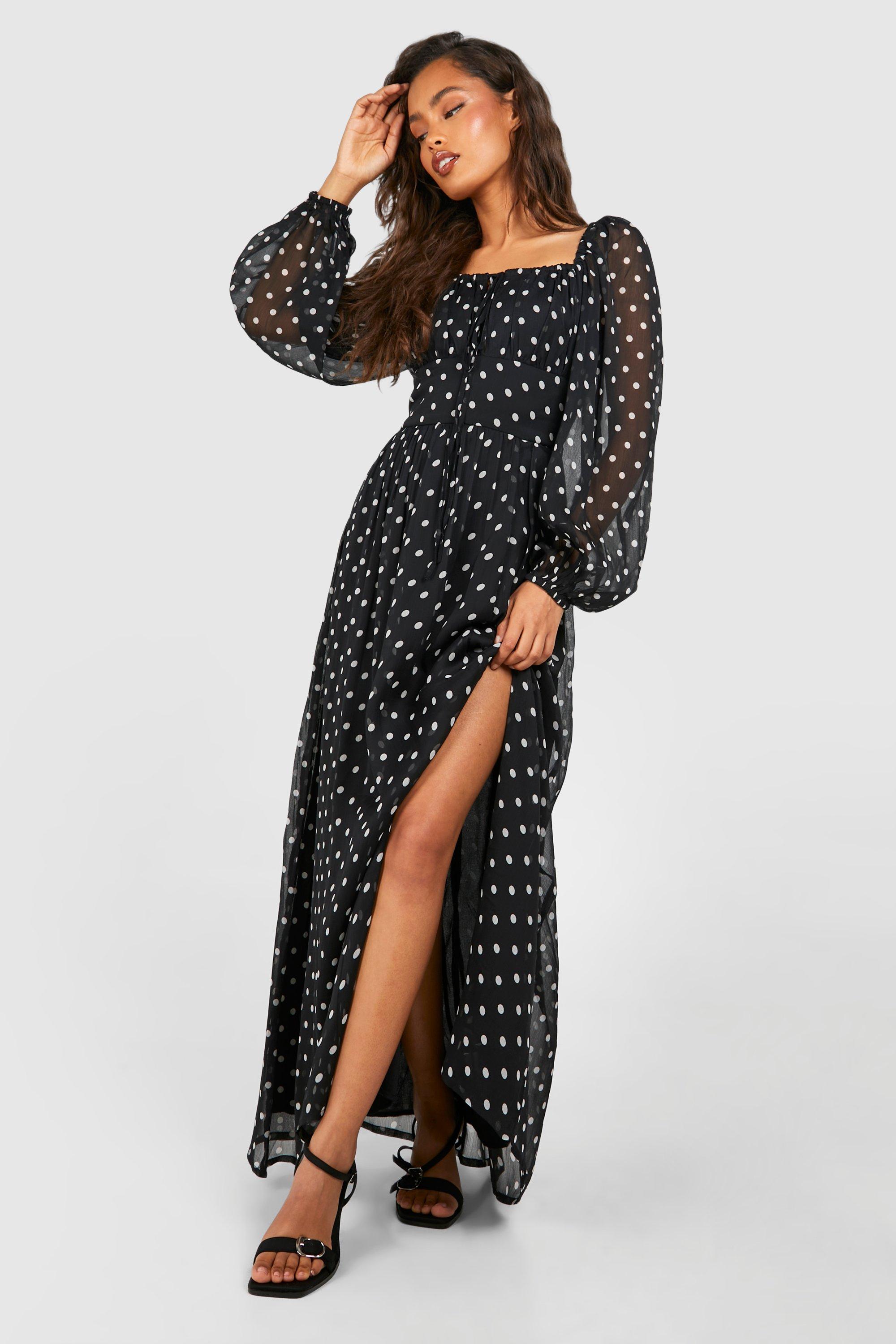 Chiffon Polka Dot Milkmaid Midi Dress | boohoo USA Chiffon Polka Dot Milkmaid Midi Dress | boohoo USA