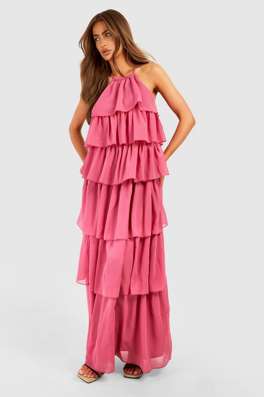 Dusky pink Chiffon Halterneck Tiered Maxi Dress