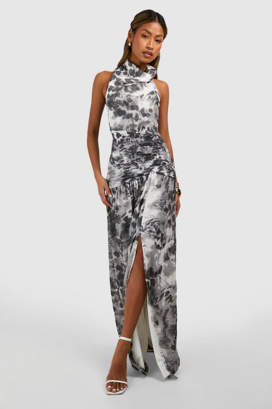 Chiffon Maxi Neckholder-Kleid mit Leopardenprint, Black image number 1