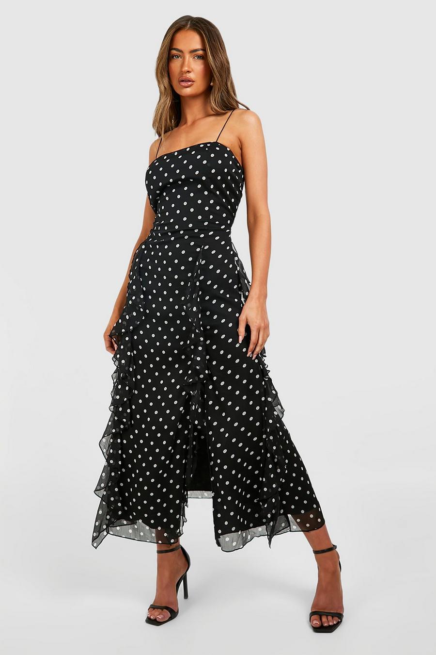 Black Polka Dot Crinkle Midaxi Dress image number 1
