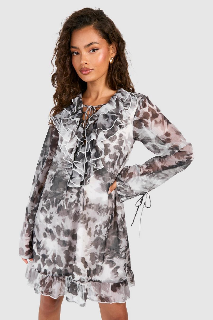 Black Chiffon Leopard Print Ruffle Front Mini Dress