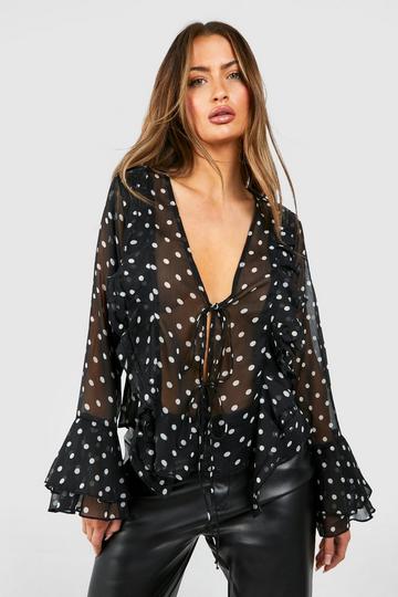 Black Chiffon Polka Dot Ruffle Shirt