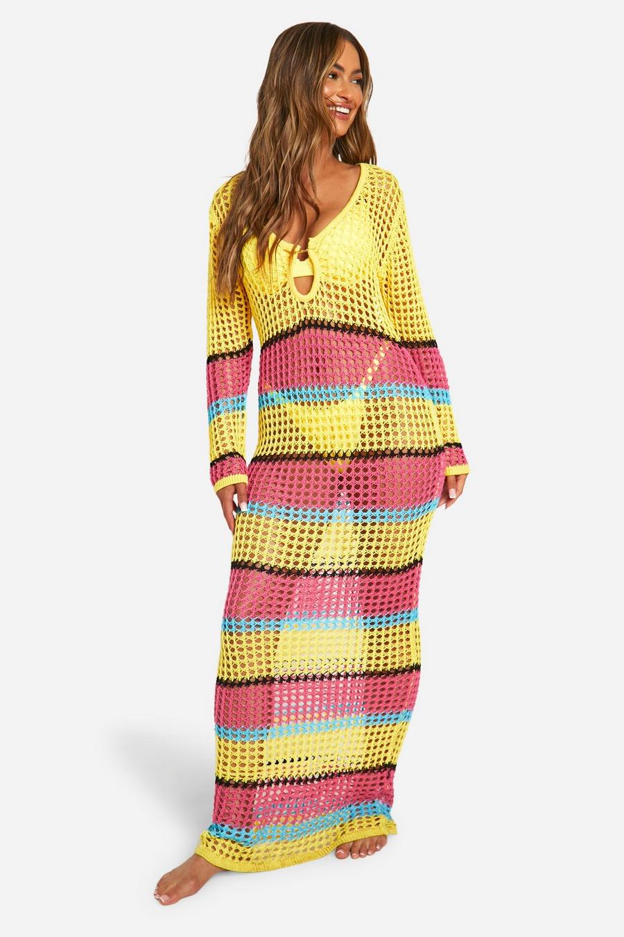Vestido maxi para la playa de croché con rayas y colores en bloque, White image number 1