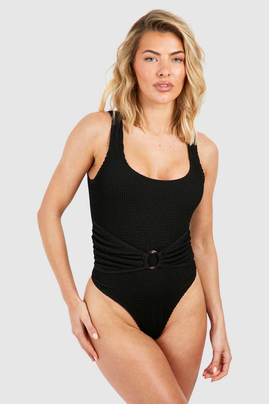 Black Crinkle Tummy Control O-ring Scoop Swimsuit image number 1